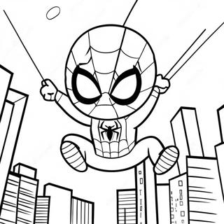 Chibi Spiderman Swinging Through City Coloring Page | Chibi Spiderman coloring page
