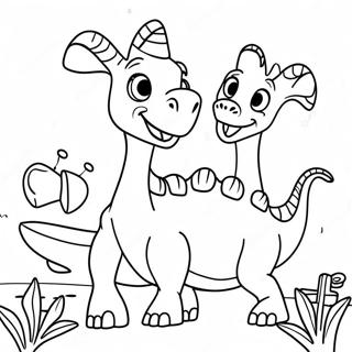 Cute Parasaurolophus Playing with Friends Coloring Page | Parasaurolophus coloring page