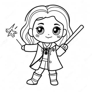 Chibi Hermione Granger with Wand Coloring Page | Harry Potter Chibi coloring page
