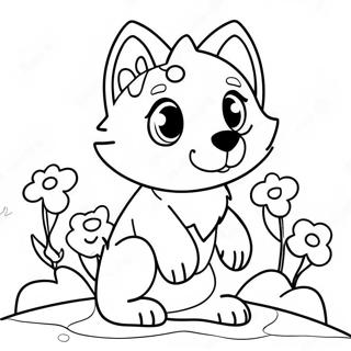 Playful Kawaii Wolf with Flowers Coloring Page | Kawaii Cute Wolf coloring page