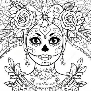 Buntes Tag der Toten Catrina Ausmalbild | Tag der Toten Ausmalbild