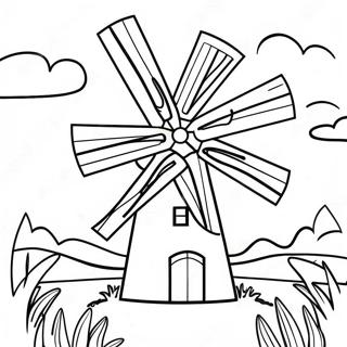 Colorful Windmill in a Sunny Landscape Coloring Page | Windmill coloring page