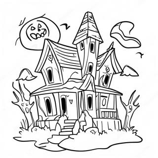Spöklikt hemsökt hus Halloween färgläggningssida | Halloween för vuxna målarbild