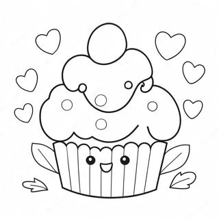Niedlicher Kawaii Cupcake mit Herzen Ausmalbild | Kawaii Valentinstag Ausmalbild