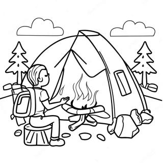 Cheerful Camper by the Campfire Coloring Page | Happy Camper coloring page