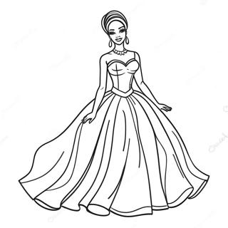 Elegant Black Barbie in a Ball Gown Coloring Page | Black Barbie coloring page