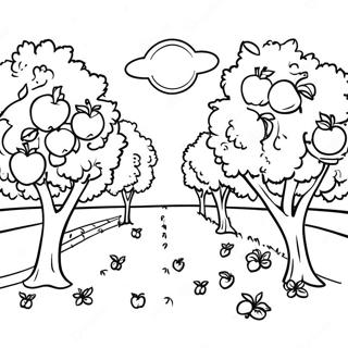 Sunny Apple Orchard Scene Coloring Page | Apple Orchard coloring page