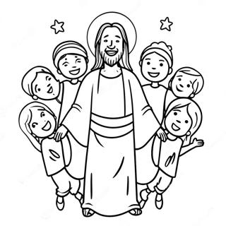 Fröhlicher Jesus mit Kindern Ausmalbild | Jesus Geschichte Seiten Bibel Ausmalbild