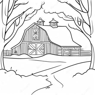 Festive Country Barn with Snow Coloring Page | Country Christmas coloring page