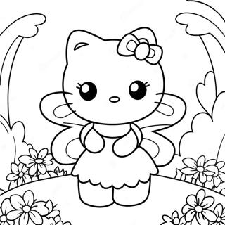 Cute Hello Kitty Fairy in a Flower Garden Coloring Page | Hello Kitty Fairy coloring page