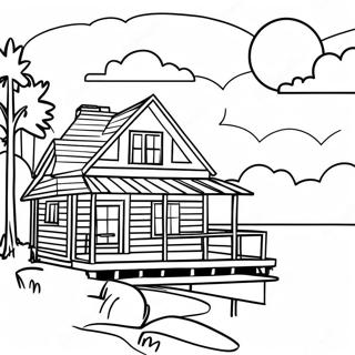 Lake House Cabin at Sunset Coloring Page | Lake House Cabin coloring page