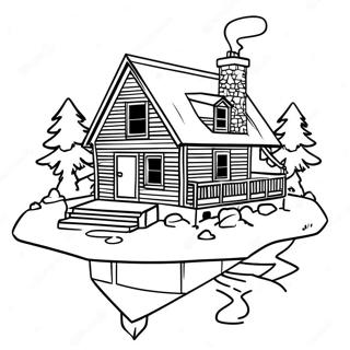 Cozy Lake House Cabin with Smoke from Chimney Coloring Page | Lake House Cabin coloring page