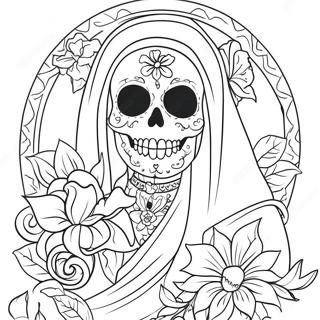 Colorful Santa Muerte with Flowers Coloring Page | Santa Muerte coloring page