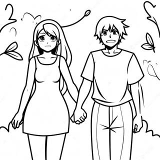 Anime Couple Holding Hands Coloring Page | Anime Couple coloring page