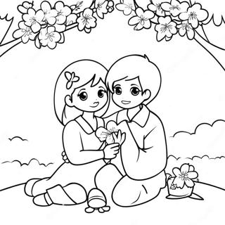 Cute Anime Couple Under a Cherry Blossom Tree Coloring Page | Anime Couple coloring page