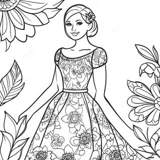 Elegant tjej i blommig klänning färgläggningssida | Tjej för vuxna målarbild