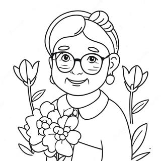 Page à colorier de Mignonne Grand-mère avec des Fleurs | Page de coloriage J'aime ma grand-mère