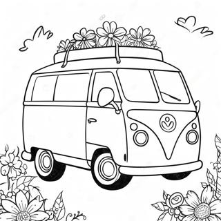 Colorful Hippie Van with Flowers Coloring Page | Hippie Van coloring page
