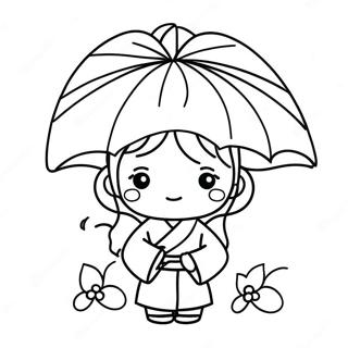 Süßes japanisches Mädchen mit Regenschirm Ausmalbild | Japanisches Mädchen Ausmalbild