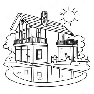 House with Sparkling Pool Coloring Page | House with Pool coloring page