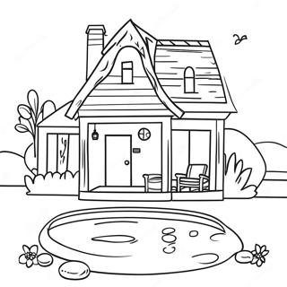 Cozy House with Backyard Pool Coloring Page | House with Pool coloring page