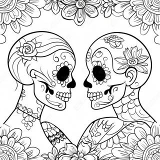 Colorful Sugar Skull Couple Holding Hands Coloring Page | Couples Love Sugar Skull coloring page