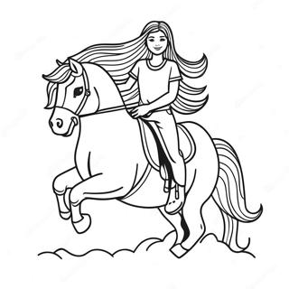 Page à colorier d'une fille à cheval avec des cheveux flottants | Page de coloriage Fille à Cheval