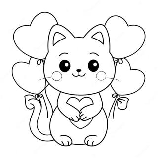 Cute Valentine's Cat with Heart Balloons Coloring Page | Valentines Cat coloring page