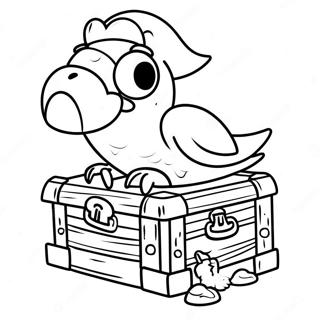 Colorful Pirate Parrot on Treasure Chest Coloring Page | Pirate Parrot coloring page