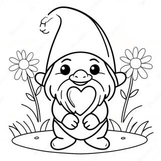 Cute Valentine's Day Gnome with Flowers Coloring Page | Valentine's Day Gnome coloring page