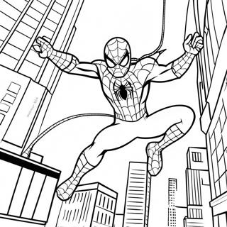 Spider Man Swinging Through the City Coloring Page