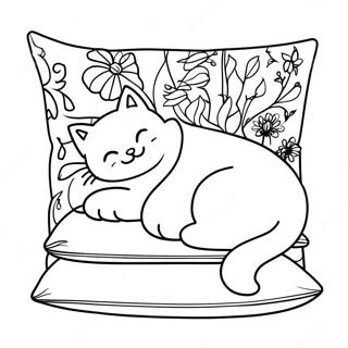 Cute Cat Sleeping on a Pillow Coloring Page | Cat Sleeping coloring page