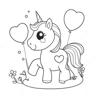 Cute Unicorn with Heart Balloons Coloring Page | Unicorn Valentine coloring page
