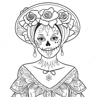 Elegant Catrina with Flowers Coloring Page | Catrina coloring page