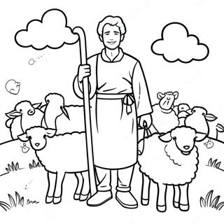 Shepherd with Happy Sheep Coloring Page | Shepherd and Sheep coloring page