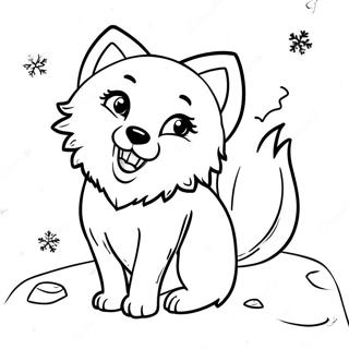 Playful Arctic Fox Playing with Snowflakes Coloring Page | Cute Arctic Fox coloring page