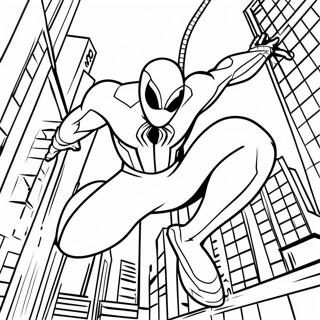 Scarlet Spider Swinging Through City Coloring Page | Scarlet Spider coloring page