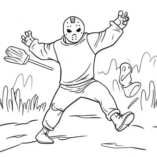 Jason Voorhees Chasing Victims Coloring Page | Jason Voorhees coloring page