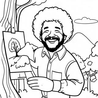 Joyful Bob Ross Painting a Happy Tree Coloring Page | Bob Ross coloring page