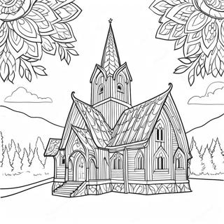 Traditional Norwegian Stave Church Coloring Page | Norway coloring page
