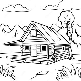 Log Cabin Scenic View Coloring Page | Log Cabin for Adults coloring page