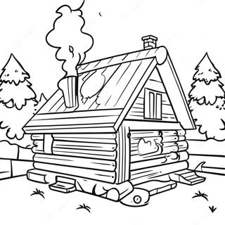 Cozy Log Cabin with Smoke from Chimney Coloring Page | Log Cabin for Adults coloring page