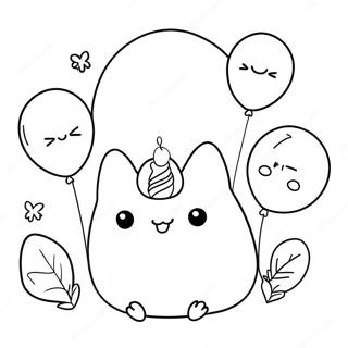 Cute Birthday Pusheen with Balloons Coloring Page | Birthday Pusheen coloring page