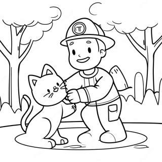 Friendly Firefighter Saving a Cat Coloring Page | Community Helpers coloring page
