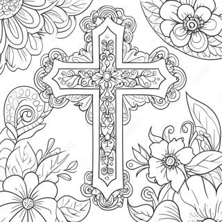Ornate Cross with Blooming Flowers Coloring Page | Cross with Flowers coloring page