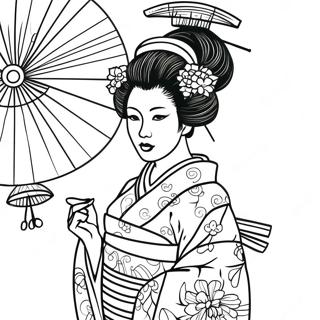 Elegant Geisha in Kimono Coloring Page | Geisha coloring page