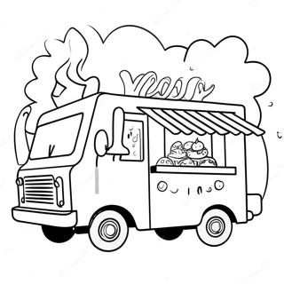 Cute Food Truck with Happy Customers Coloring Page | Food Truck coloring page