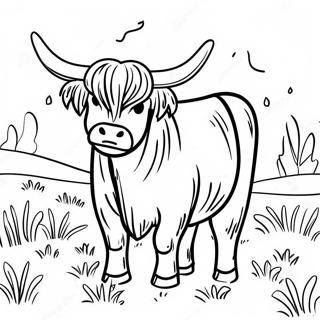 Highland Cow Grazing in a Meadow Coloring Page | Highland Cow for Adults coloring page