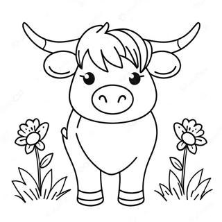 Cute Highland Cow with Flowers Coloring Page | Highland Cow for Adults coloring page