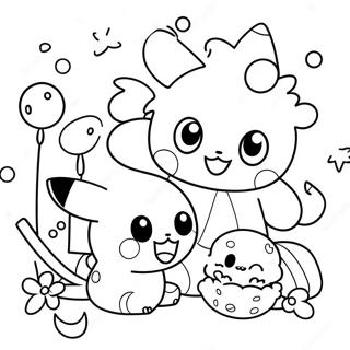 Cute Pokemon Party Scene Coloring Page | Pokemon Birthday coloring page